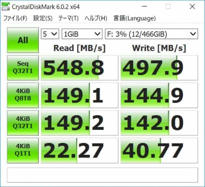 crystaldiskmark SAMSUNG T5外付けSSD 転送スピードUSB-C3.1Gen2