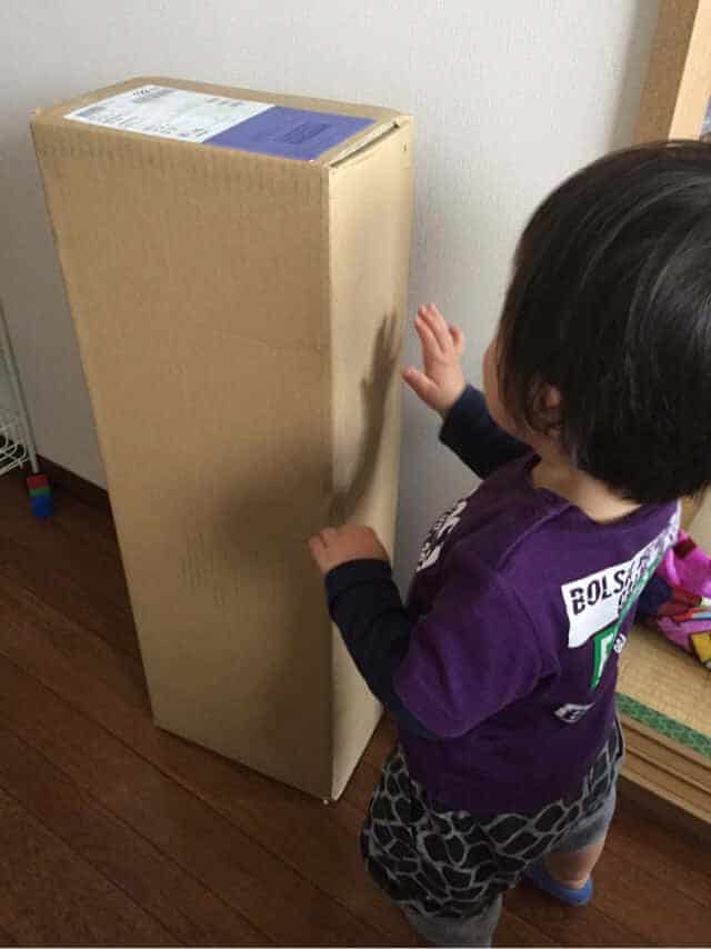 Panaracerの空気入れが入ったダンボールと、それをプレゼントだと勘違いした息子の図